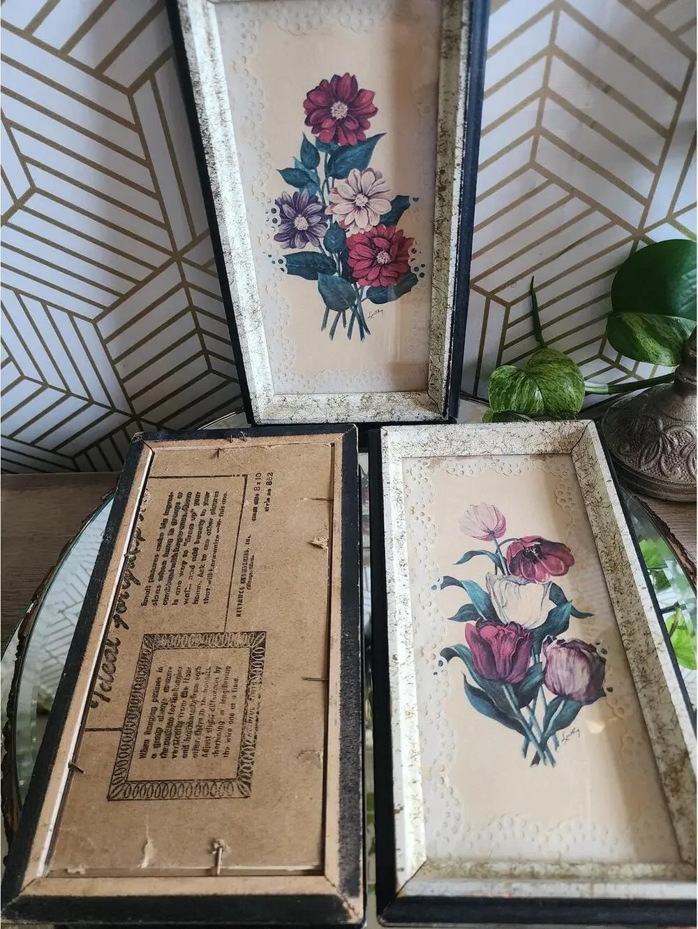 Vintage Framed Lace Matte Luthy Floral Prints 5x9 Set of 3